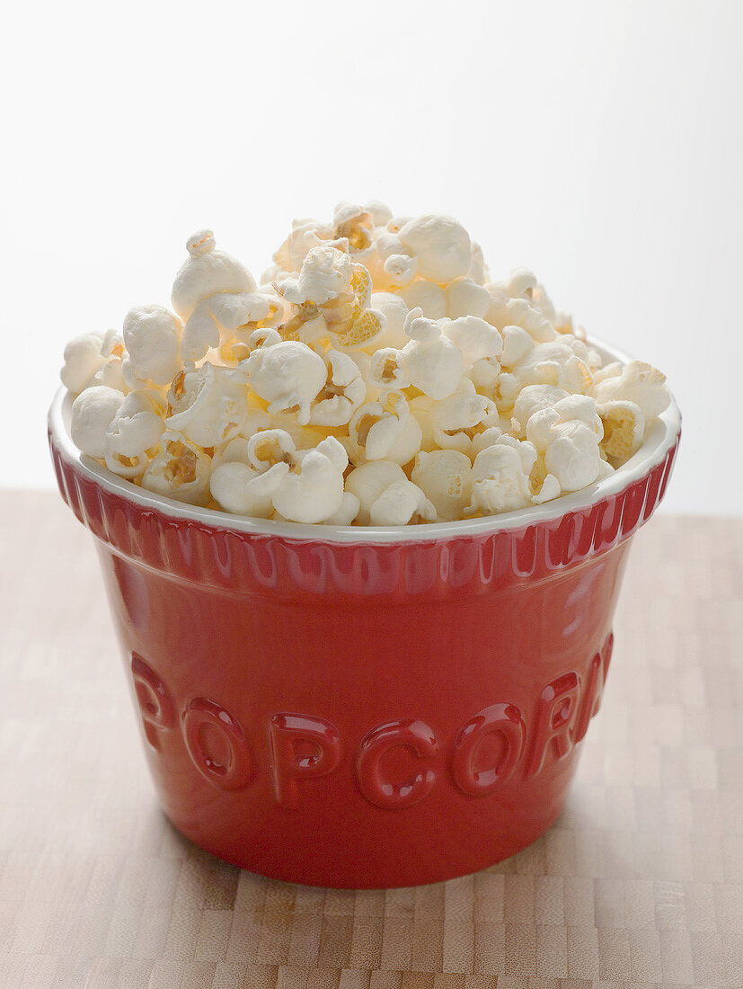 Popcorn in a red bowl