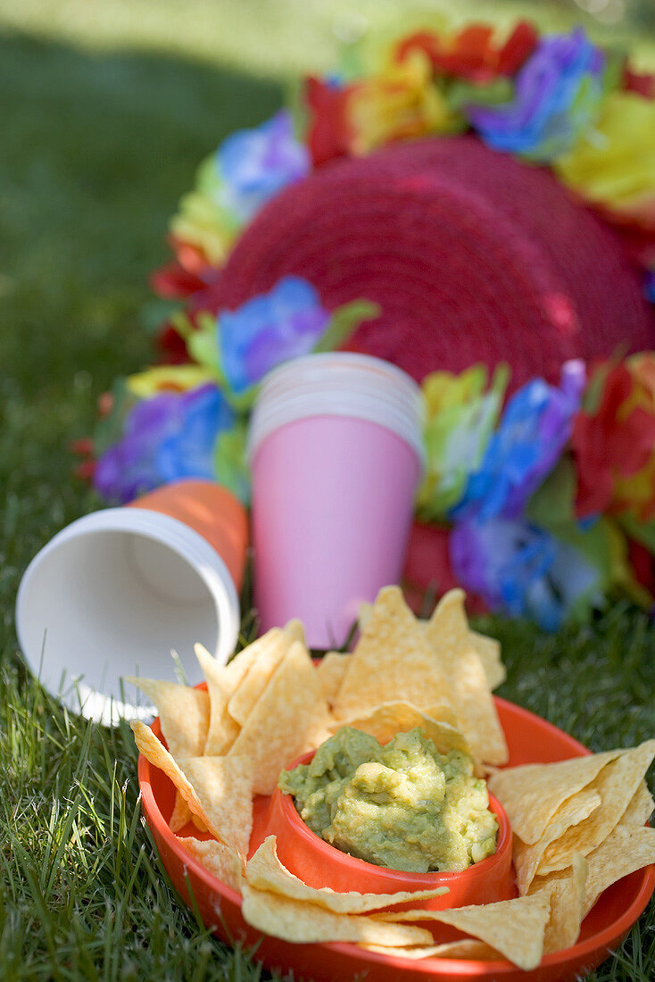 Guacamole with tortilla chips, paper cups, coloured garlands
