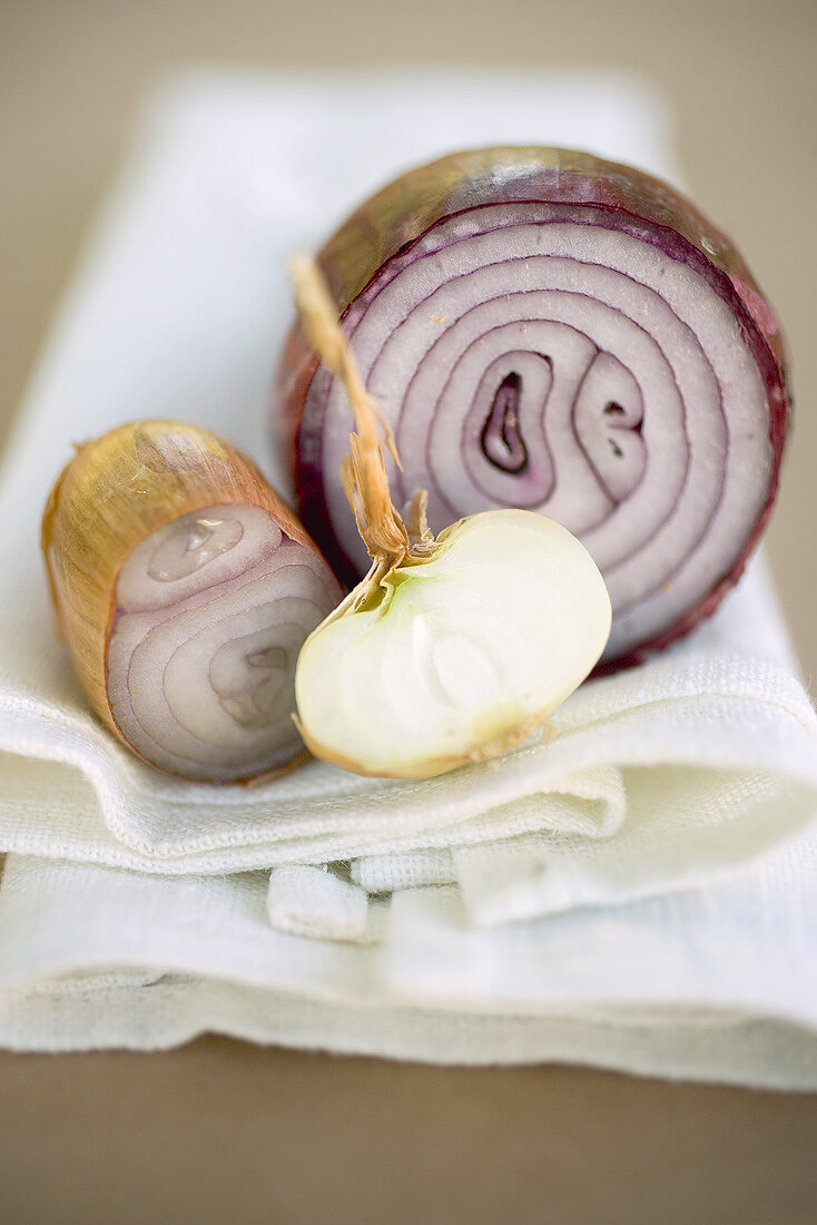 Red onion and shallot, showing cut surfaces