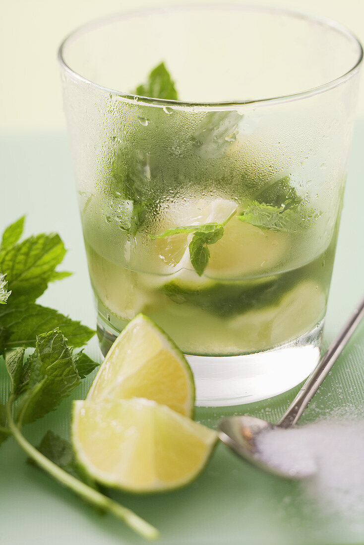 Glass of Mojito with lime & mint, surrounded by ingredients