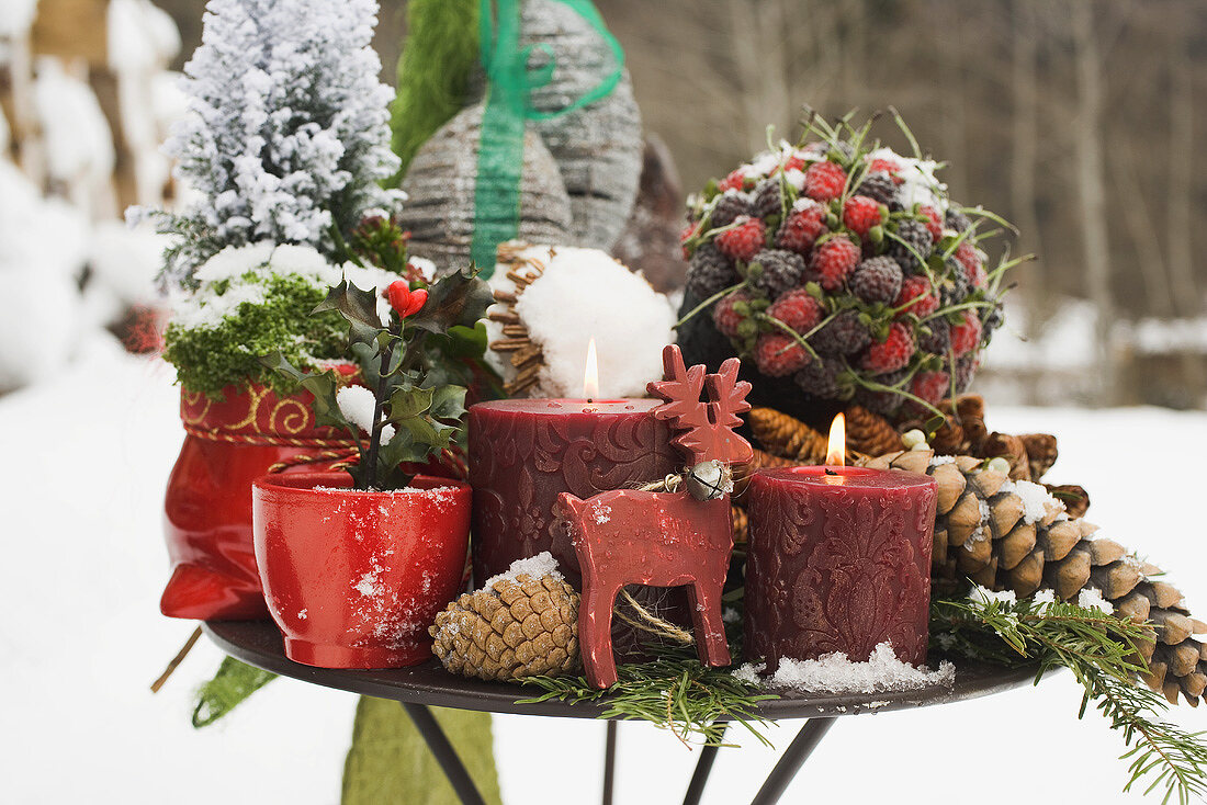 Christmas decorations on table out of doors