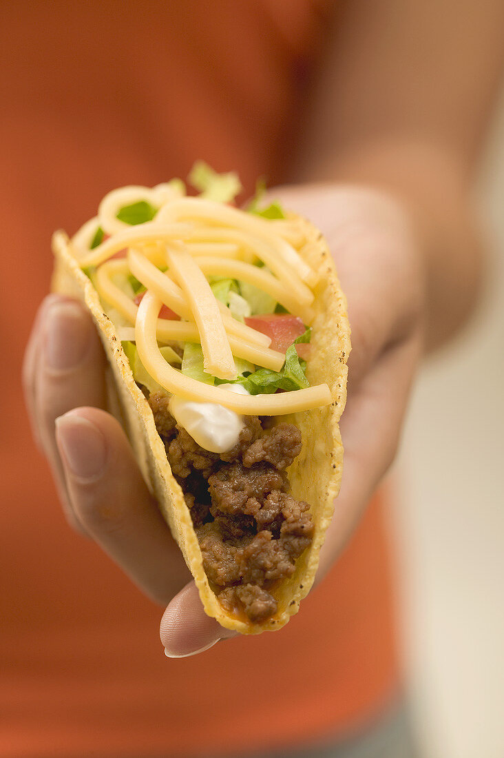 Hand hält Taco mit Hackfleisch und Käse
