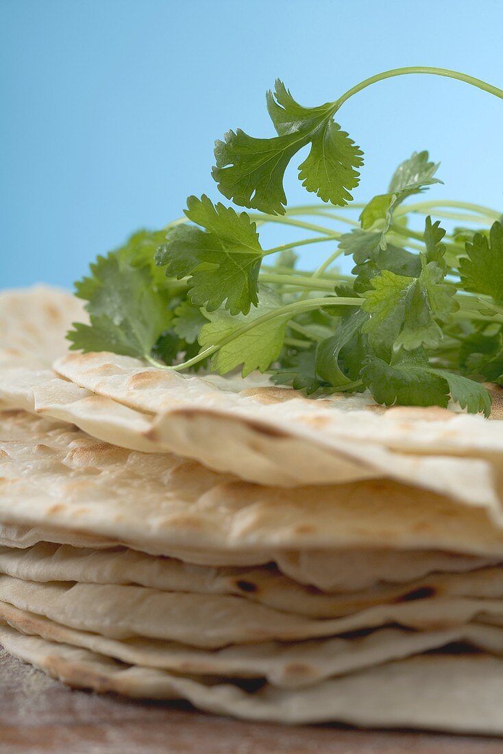 Tortillas, stacked, with fresh coriander