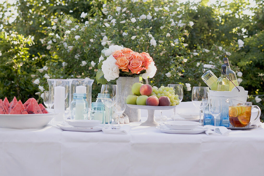 Table laid for a summer party (out of doors)