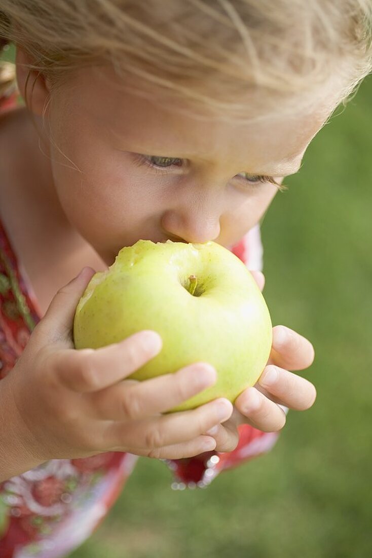 Small girl eating a large green apple