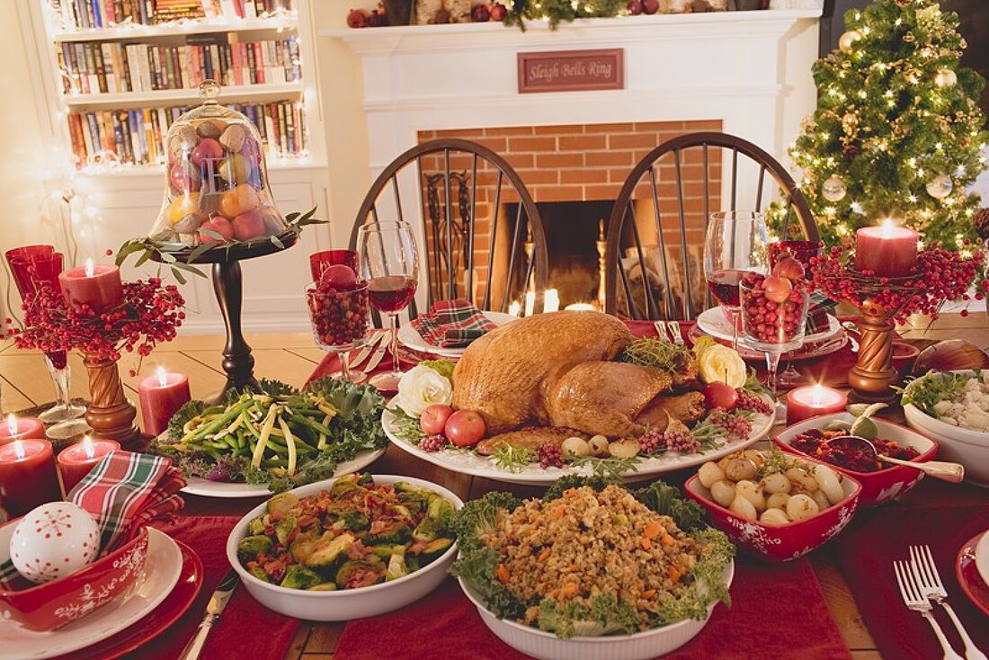 Turkey and all the trimmings on Christmas table (USA)