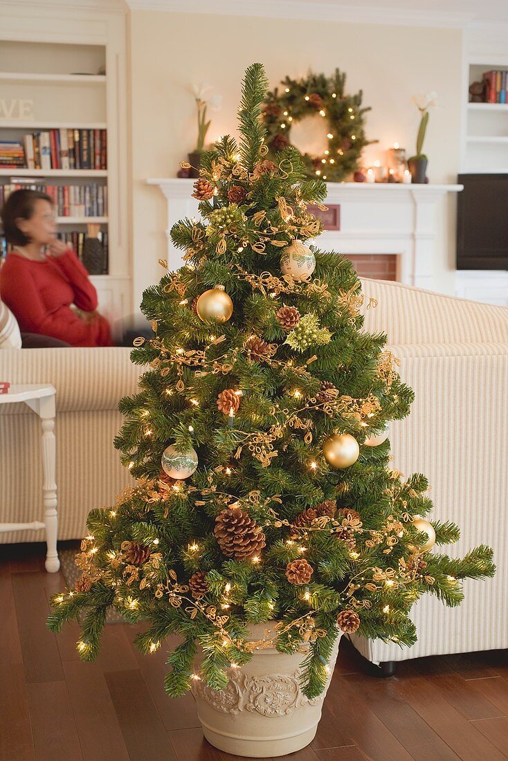 Christbaum im Wohnzimmer, Frau im Hintergrund