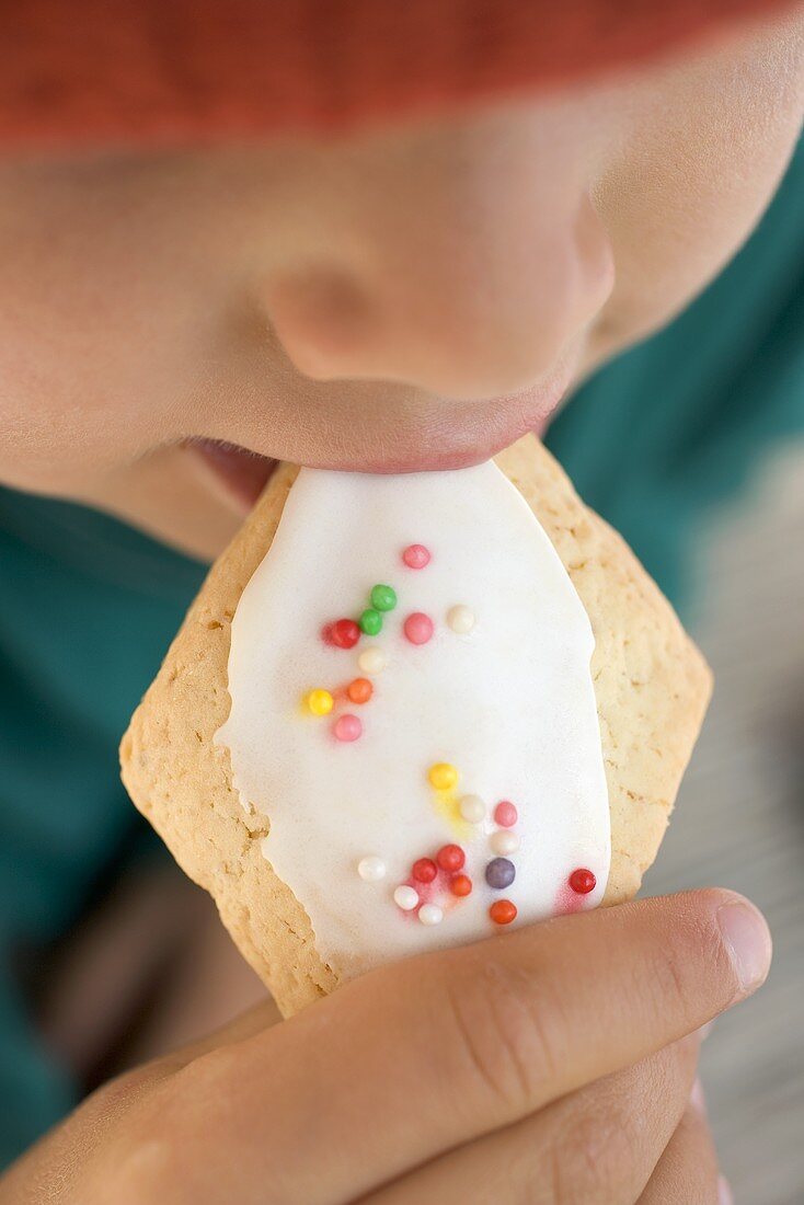 Child eating iced biscuit decorated with sprinkles