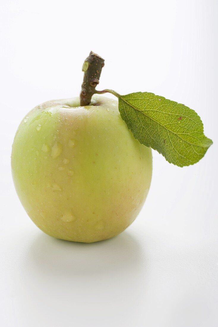 Green apple with stalk and leaf