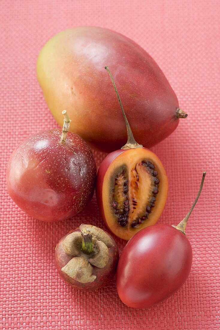 Assorted exotic fruits (overhead view)