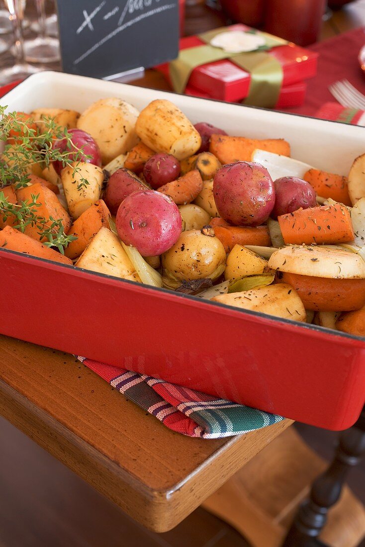 Roasted root vegetables on Christmas table (USA)