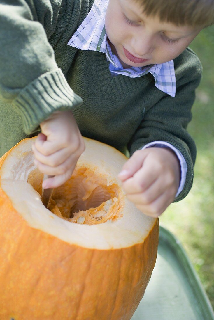 Small boy hollowing out pumpkin with spoon