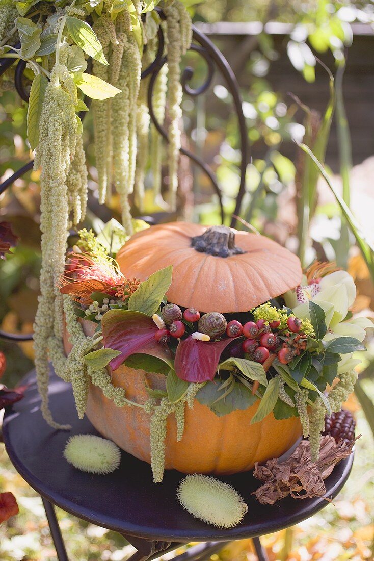 Pumpkin decorated with flowers on garden table