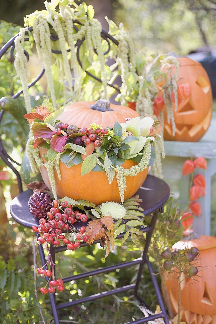 Autumnal garden decoration with pumpkins