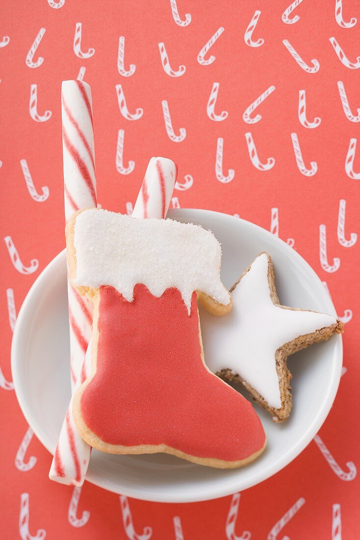 Cinnamon star, boot & candy canes in dish (overhead view)