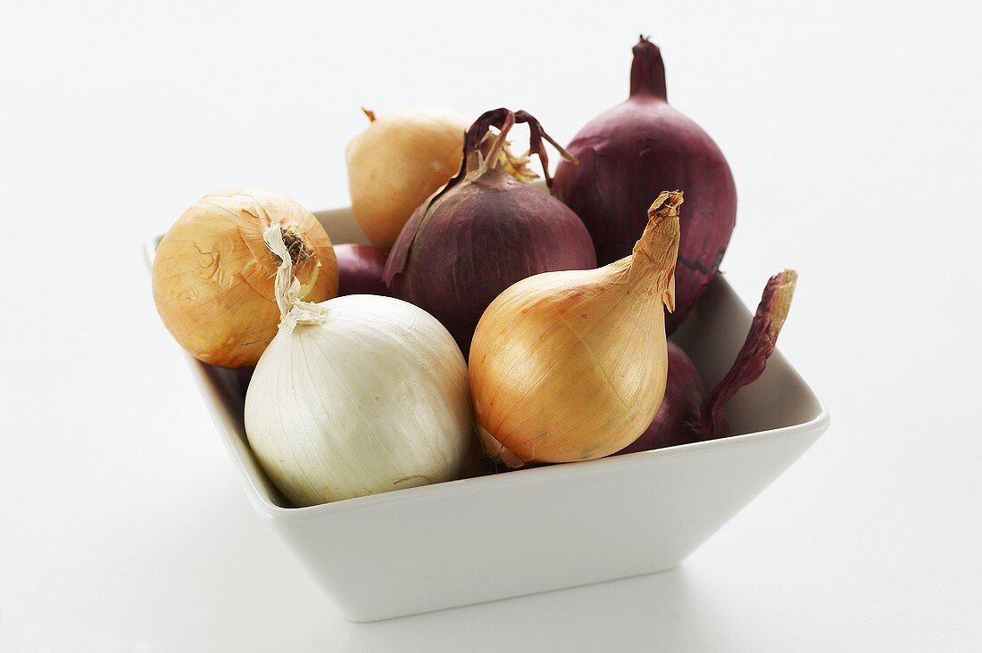 White, brown and red onions in dish