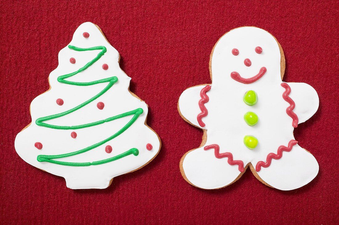 Two Christmas biscuits (Christmas tree, gingerbread man)