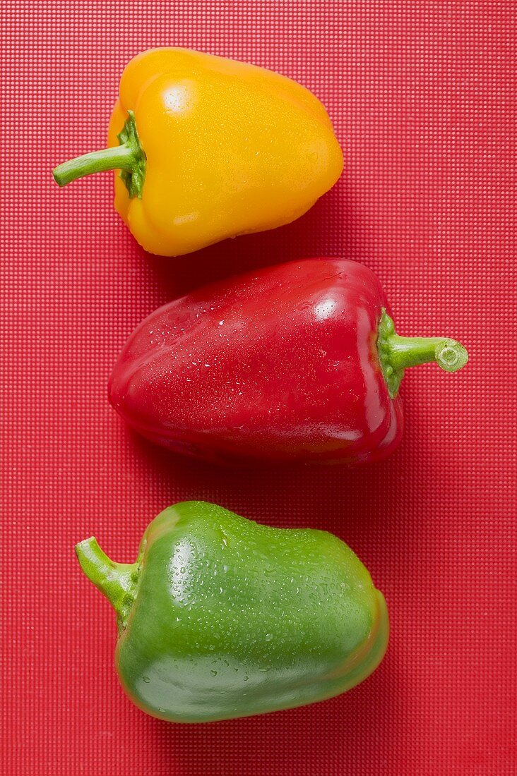 Different coloured peppers with drops of water on red background