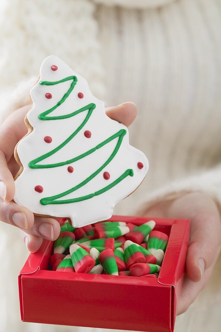 Woman holding Christmas tree biscuit and sweets