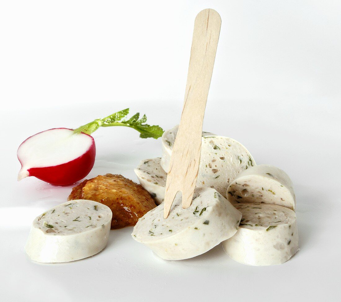 Weisswurst (white sausage), wooden fork, mild mustard & radish