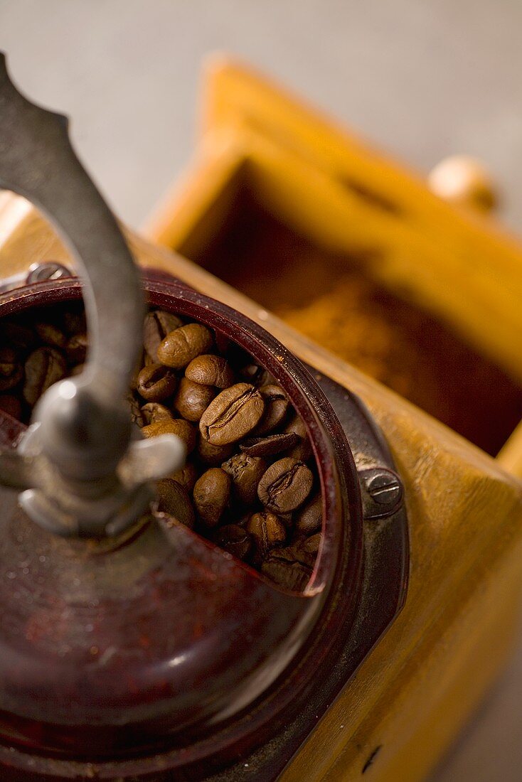 Old coffee mill with coffee beans (from above)