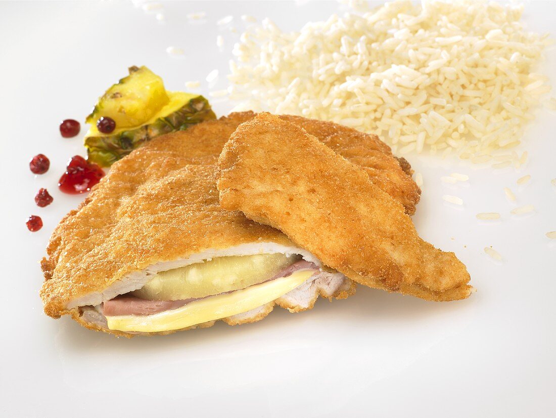 Chicken Cordon Bleu with rice and pineapple