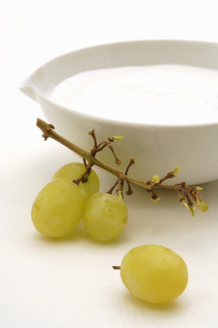 Pflegecreme in weisser Schüssel mit weissen Weintrauben