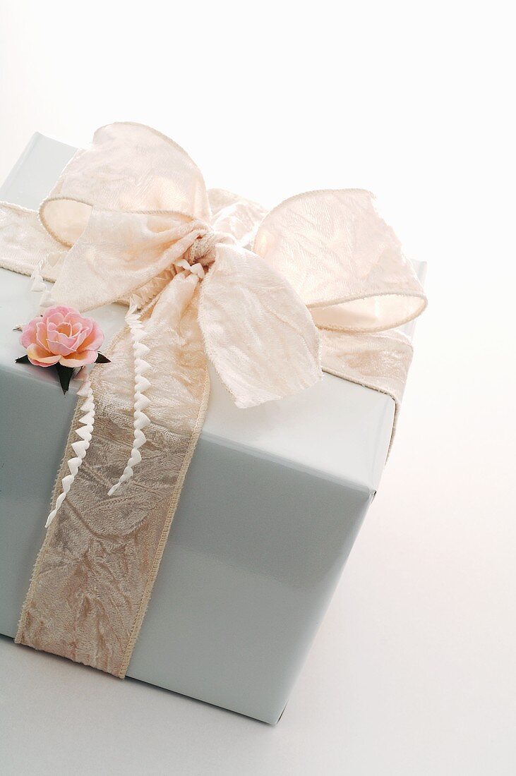 Gift in white wrapping paper with bow