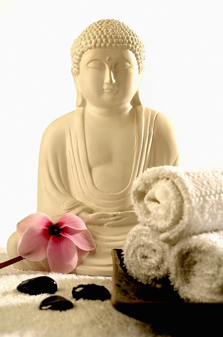 Buddha statue with pink cyclamen & hematite (healing stones)