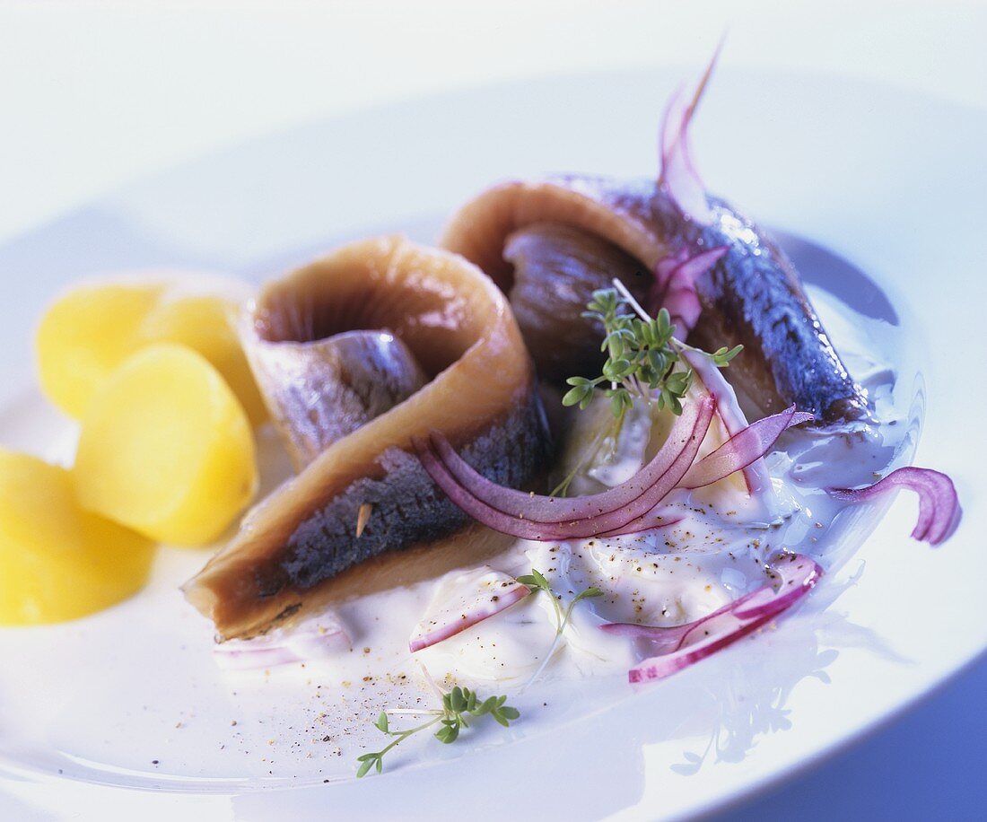 Matjes herrings with cream sauce and boiled potatoes