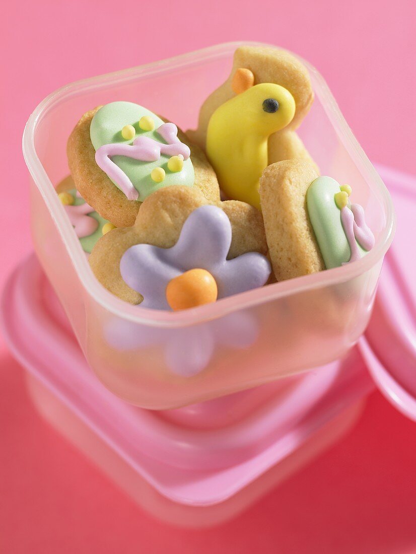 Decorated Easter biscuits in plastic food storage box