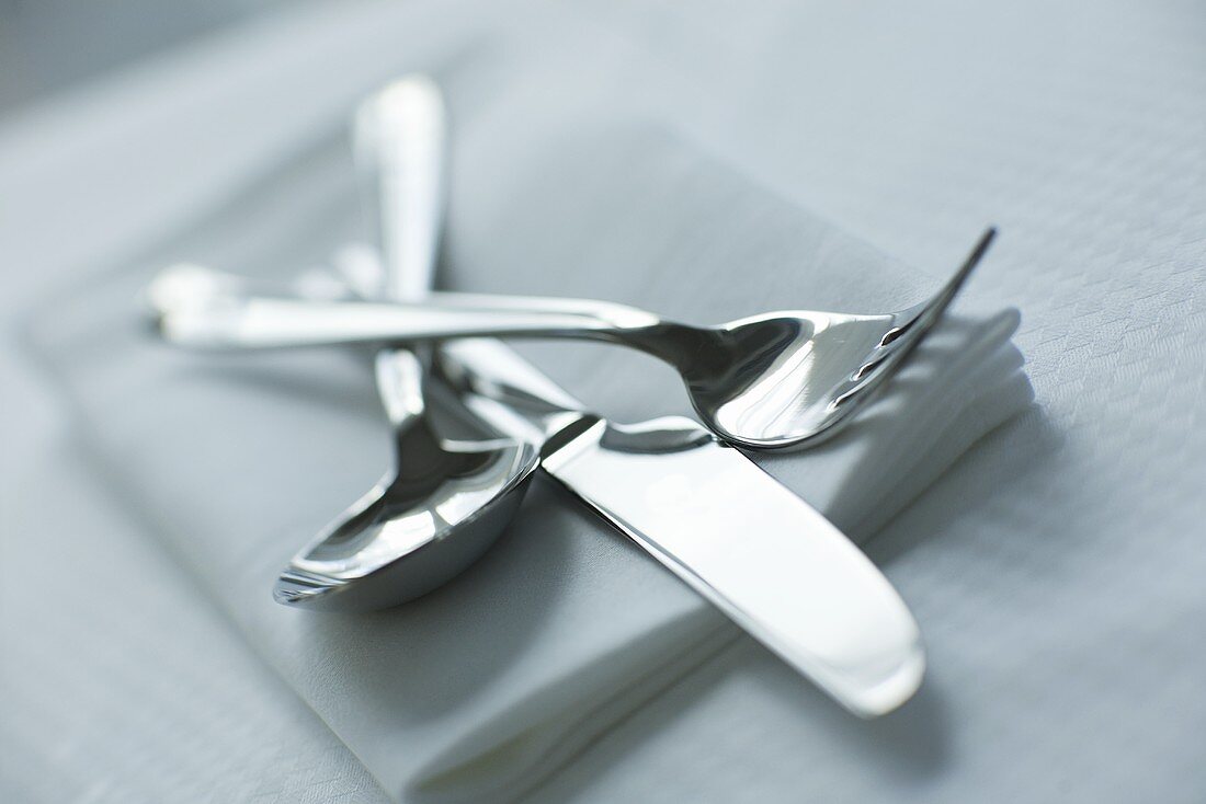 Knife, fork and spoon on napkin