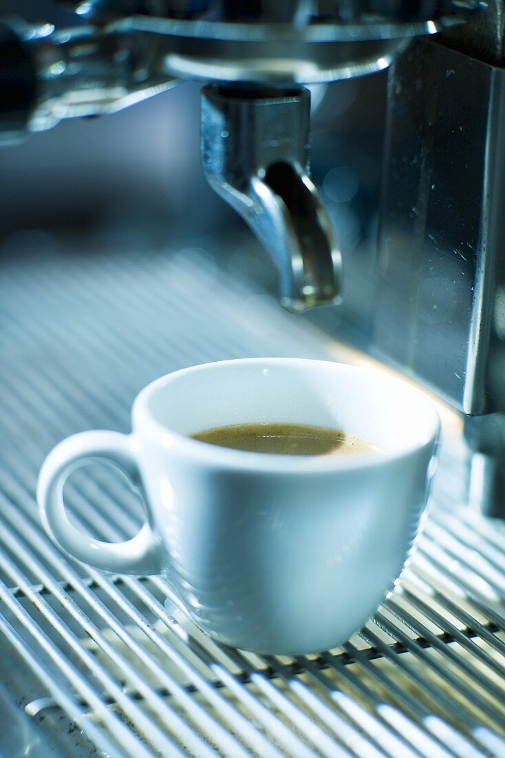 A cup of espresso on an espresso machine