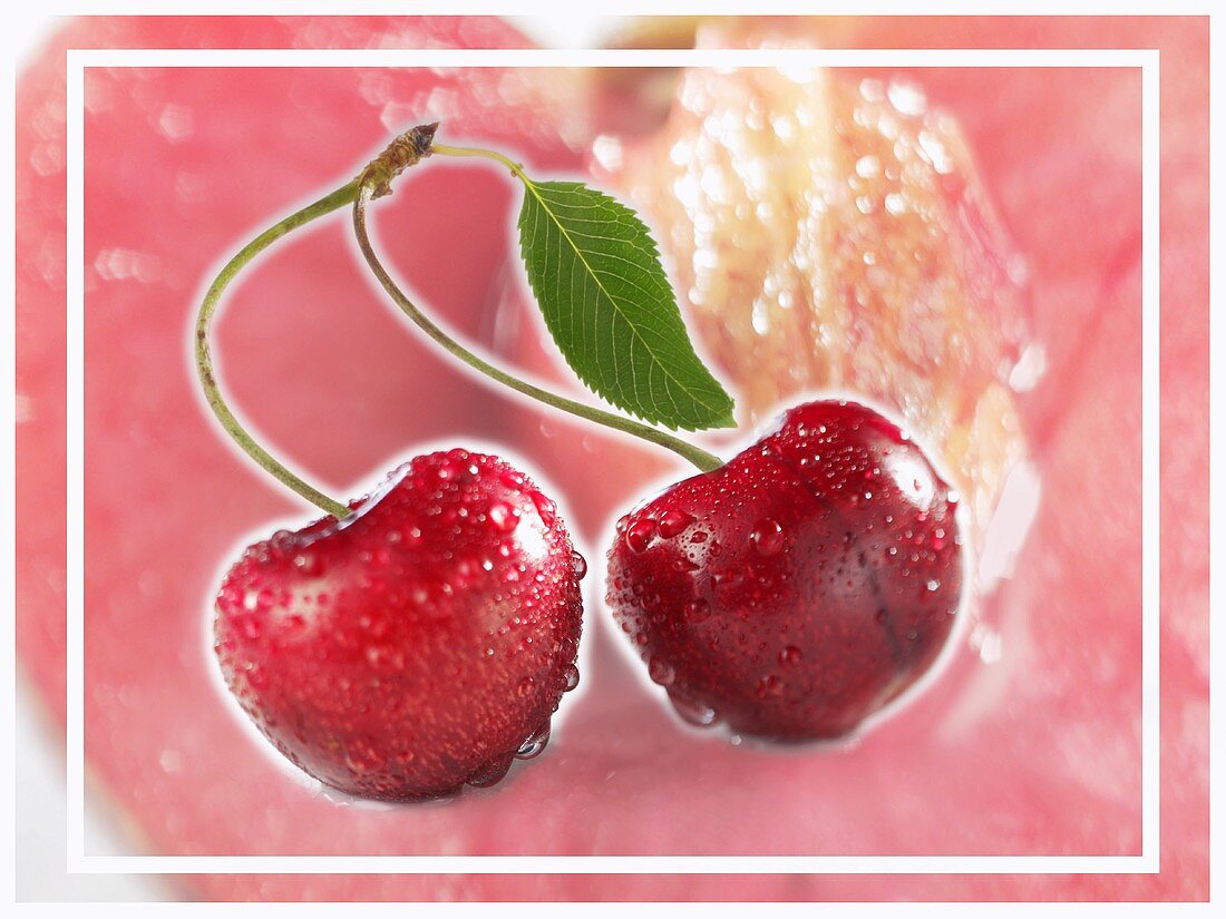 Pair of cherries with drops of water (composition)