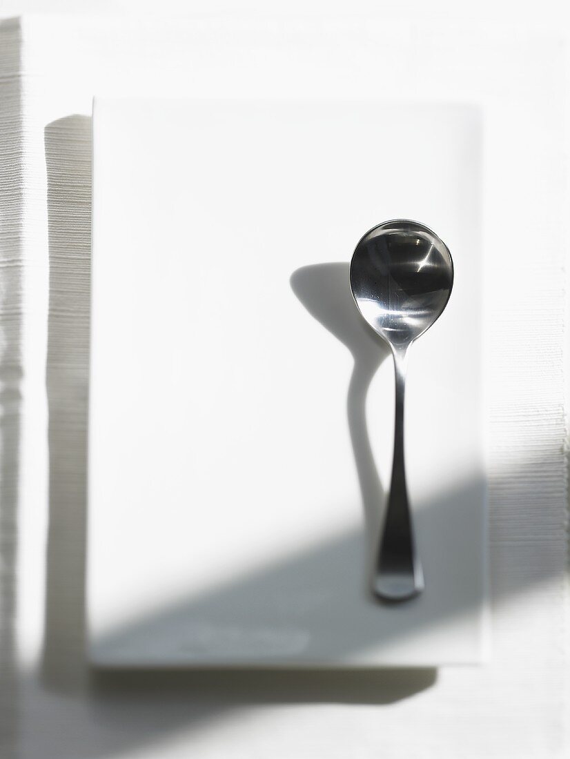 A spoon on a white platter