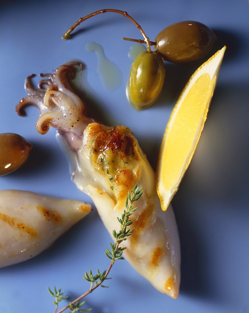 Grilled squid with olives
