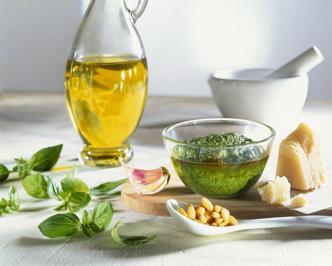 Pesto and ingredients