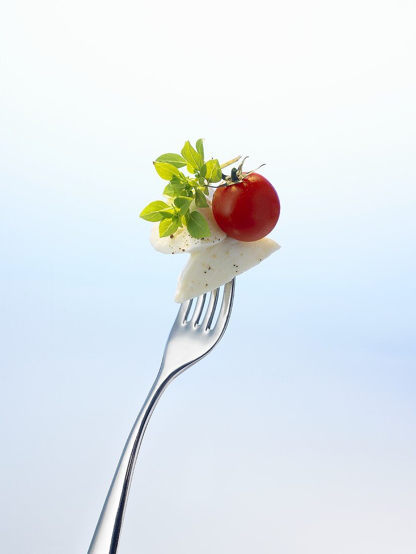 Mozzarella and tomato on a fork