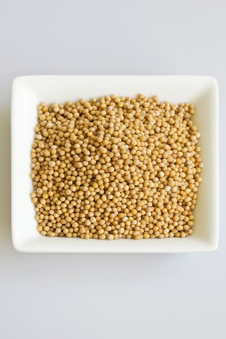 Mustard seeds in small white dish
