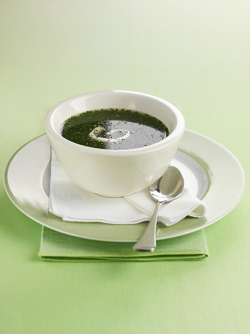 Watercress soup in a soup bowl