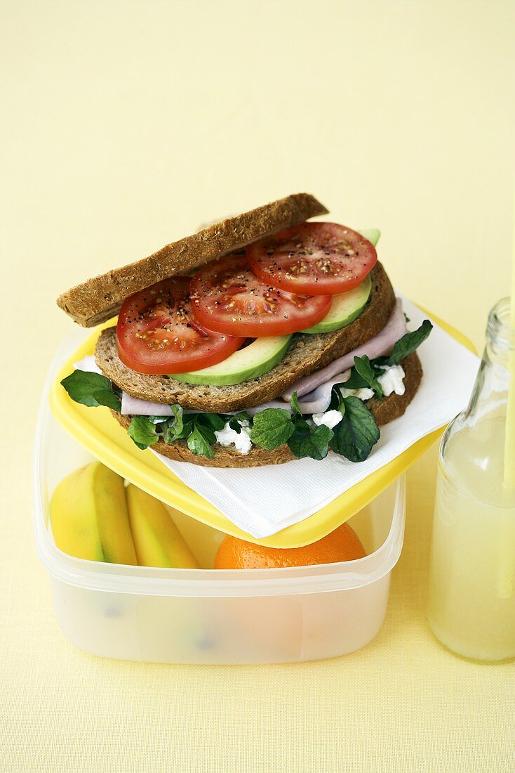 A sandwich on a lunchbox filled with fruit