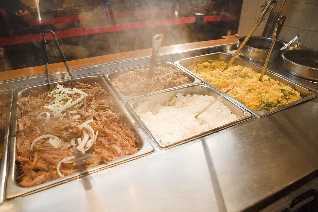 Trays if Pulled Pork and Rices; Steaming; Buffet