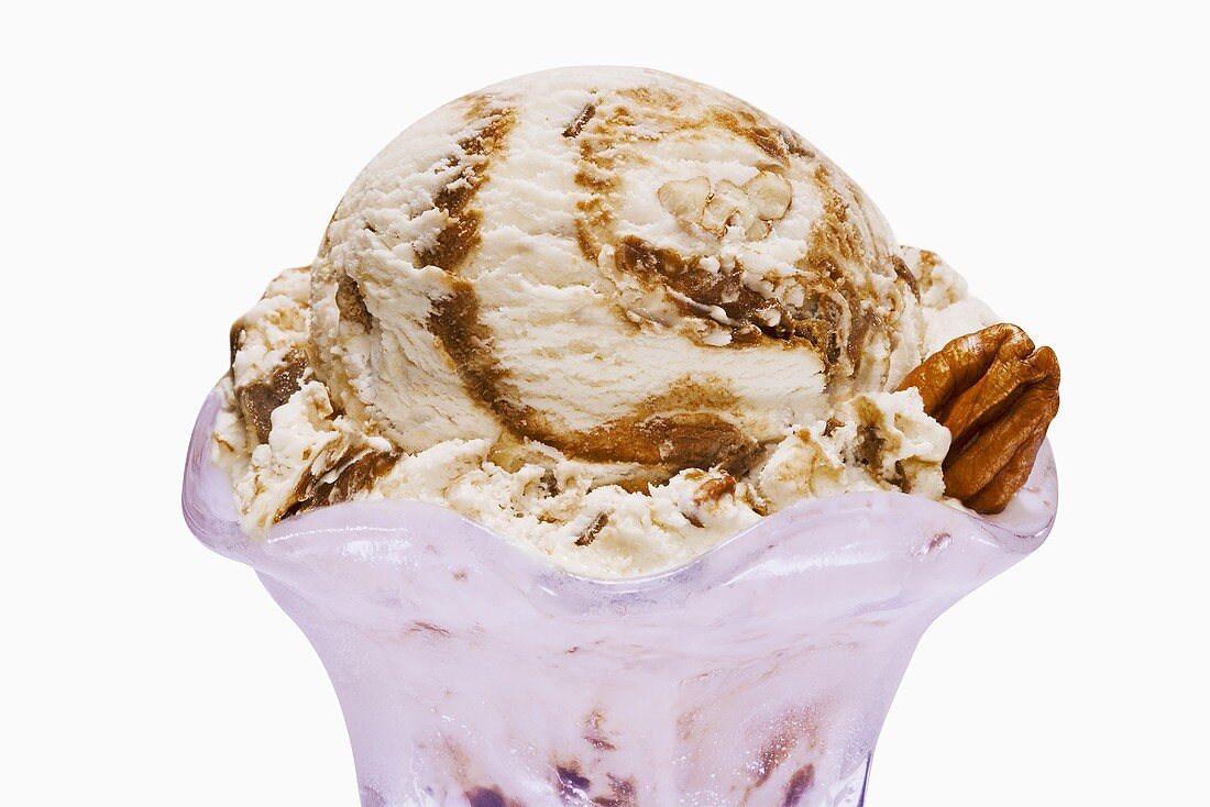 Pralines and Cream Ice Cream with Pecan; White Background
