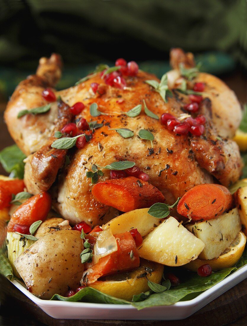 Whole Roast Organic Chicken with Potatoes, Carrots and Pomegranates