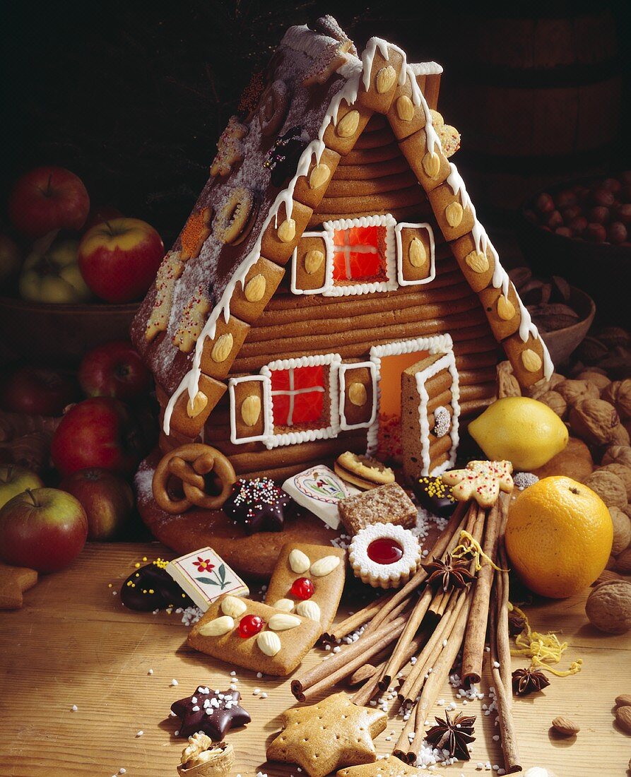 A gingerbread house with interior lighting