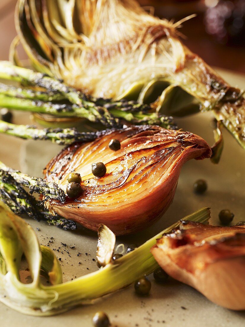 Roasted Shallots, Artichoke and Asparagus with Capers