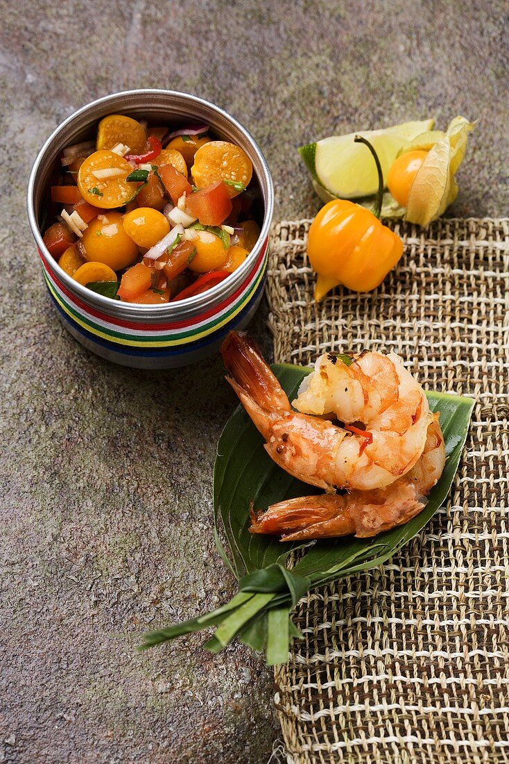 Chilli prawns with physalis and tomato salsa