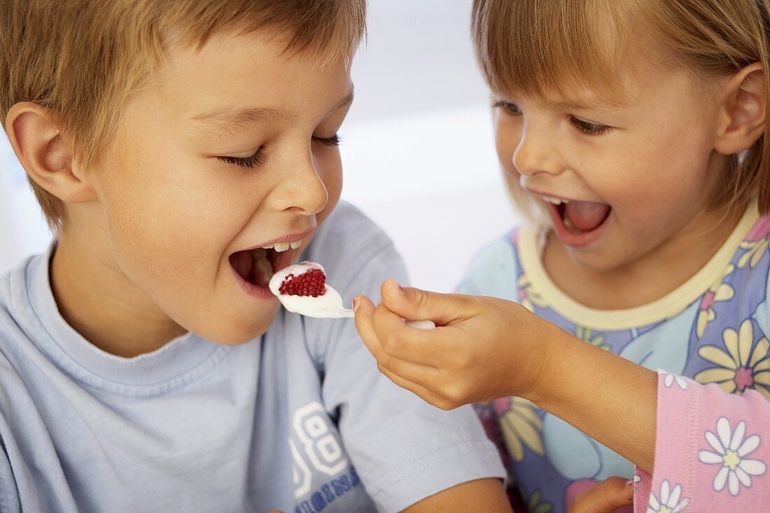 Mädchen steckt Jungen Löffel mit Joghurt in Mund