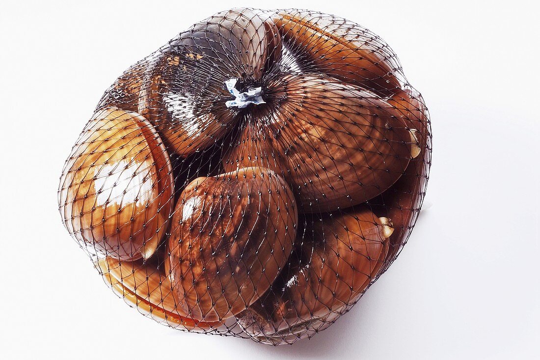 Clams packed in a net, ready to sell