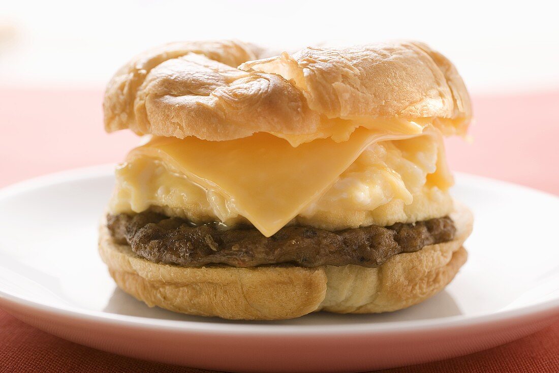 Cheeseburger with scrambled egg on plate